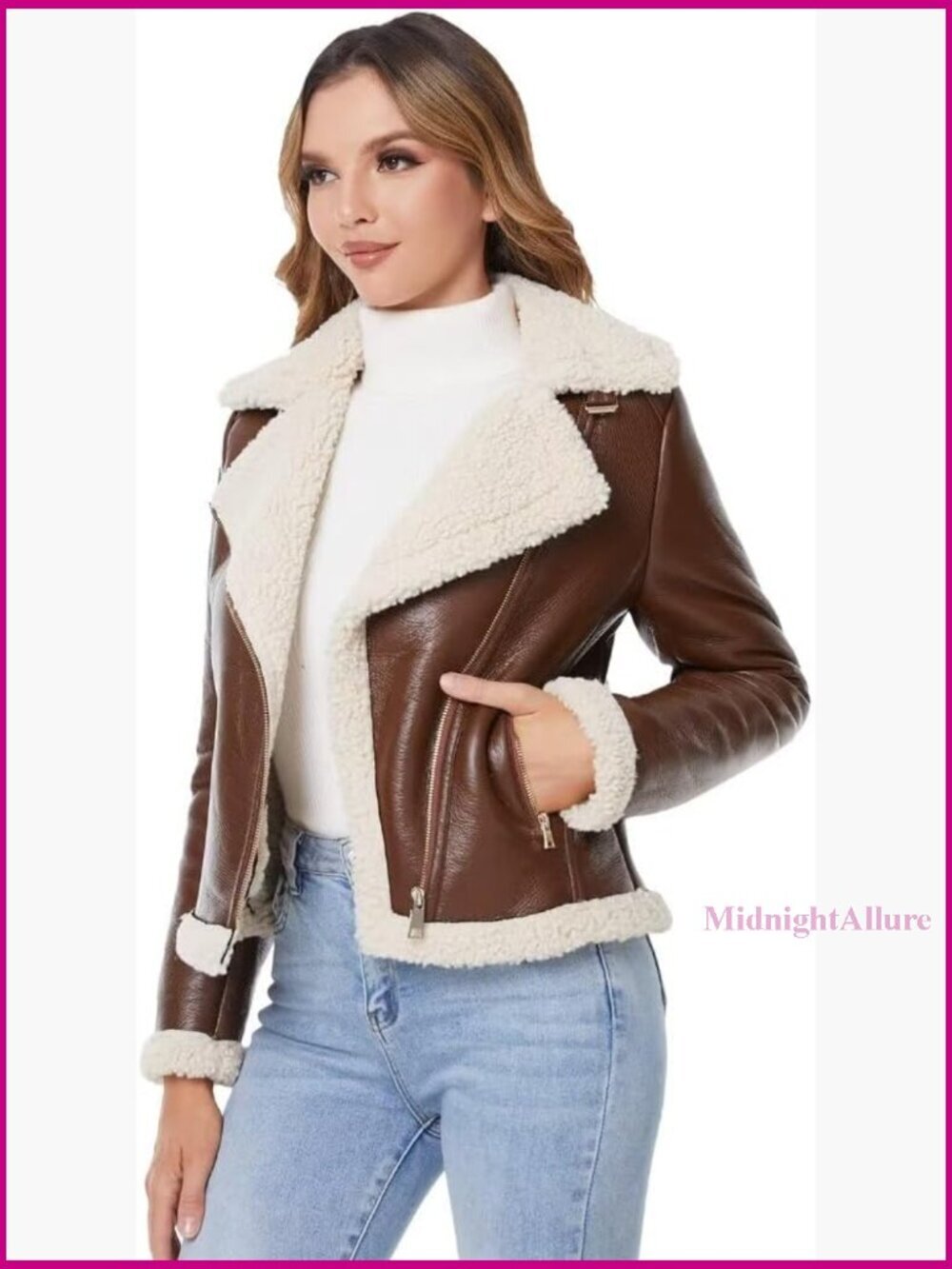 Faux Leather Fur Lined Winter Jacket Warm Thick Coat Relaxed Fit